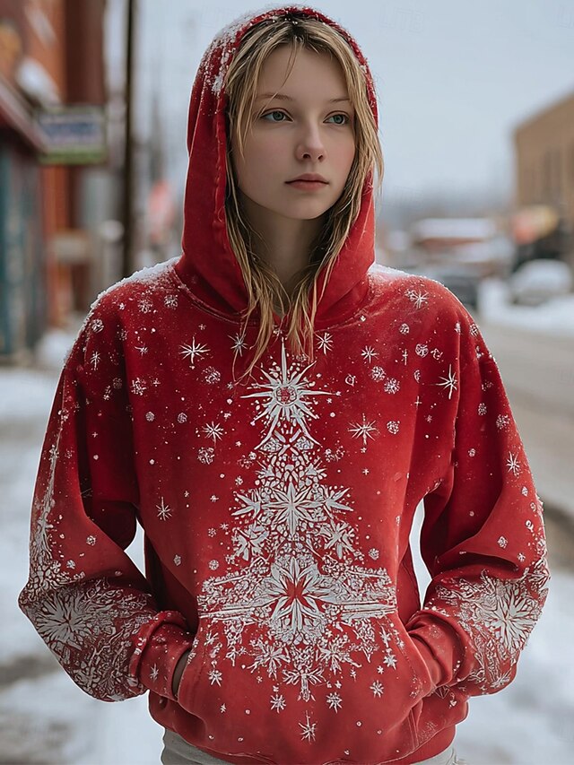 Women's Pullover Hoodie Sweatshirt Graphic Christmas Tree Tribal Casual Long Sleeve Hooded Regular Tops Party Evening Wear Street Dailywear Red Fuchsia Green Spring Fall Winter4