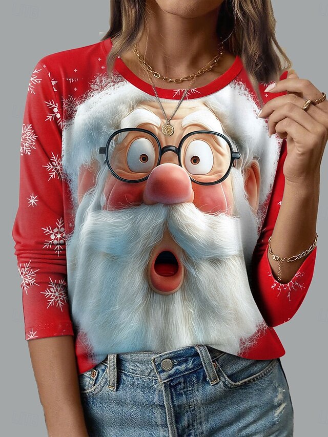 Christmas Women's T Shirt Graphic Santa Claus Fashion Casual Long Sleeve Crew Neck Round Neck Regular Tops Daily Weekend Print Red Blue Green Summer Spring Fall Winter4