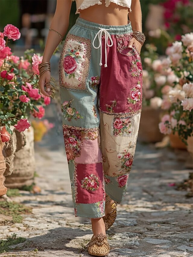 Women's Straight-Leg Pants Trousers Vacation Vintage Fashion Full Length Mid Waist Floral Drawstring Pocket Printing Comfy Breathability Outdoor Vacation Street Blue Spring Fall Loose Fit4