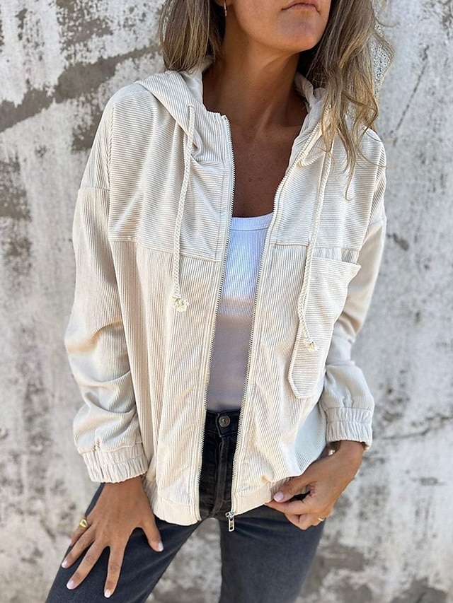  نسائي جاكيت كاجوال مريح سحاب جيب موضة الحديث الخارج سهل مناسب للخارج كاجوال / يومي عطلة نهاية الاسبوع سحاب عادية مع قبعة عادي كم طويل ملابس خارجية أسود وردي بلاشيهغ كاكي الخريف الشتاء