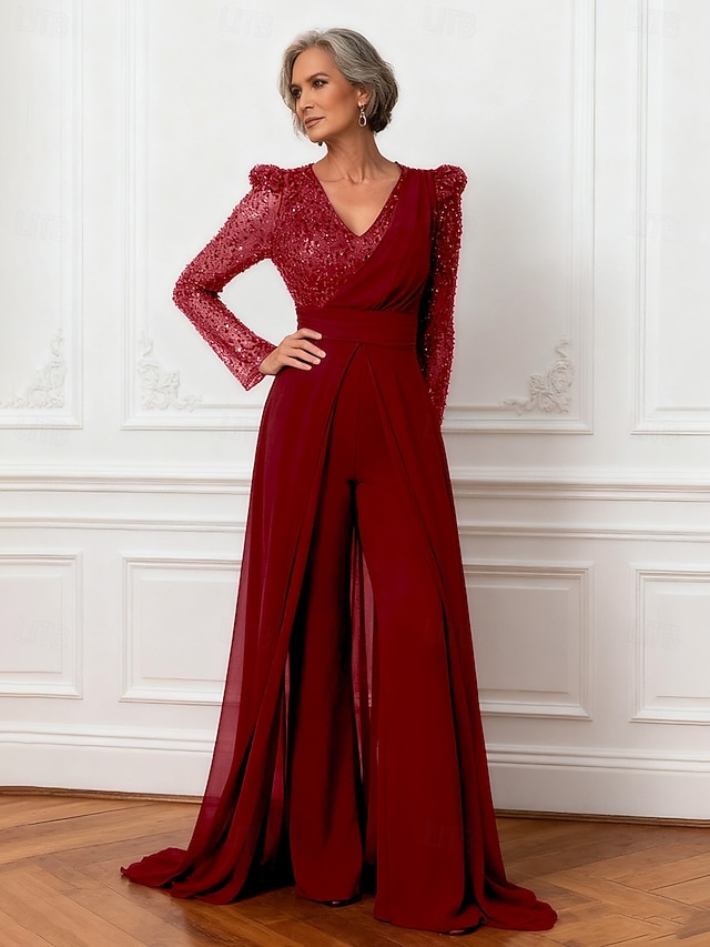  Combinaisons Robe de Mère de Mariée  Élégant Éclat & Brillance Col en V Longueur au sol Chiffon manche longue avec Ceinture / Ruban Paillettes