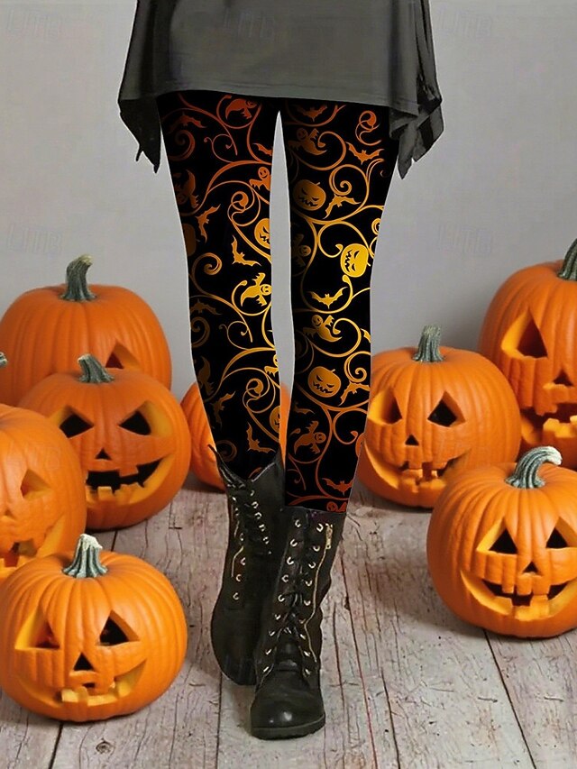 Women's Leggings Cozy Leggings Vacation Basic Casual Full Length High WaistPantsHalloween Pumpkin Printing Thermal Warm Comfortable High Elasticity Vacation Casual Daily Orange Fall Winter Slim Fit4