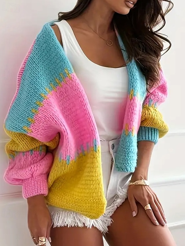 Color Block V-Neck Sweater with Long Sleeves and Front Pocket main image 0