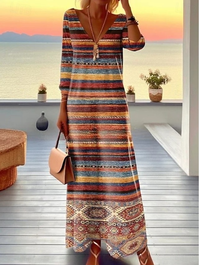  Per donna Abito maxi Vestito T-Shirt Abito a trapezio Vacanza Casual Boho Uscire Vestibilità regolare Floreale Grafico Geometrico Manica Lunga Scollo a V Marrone chiaro Blu Marrone Primavera Autunno