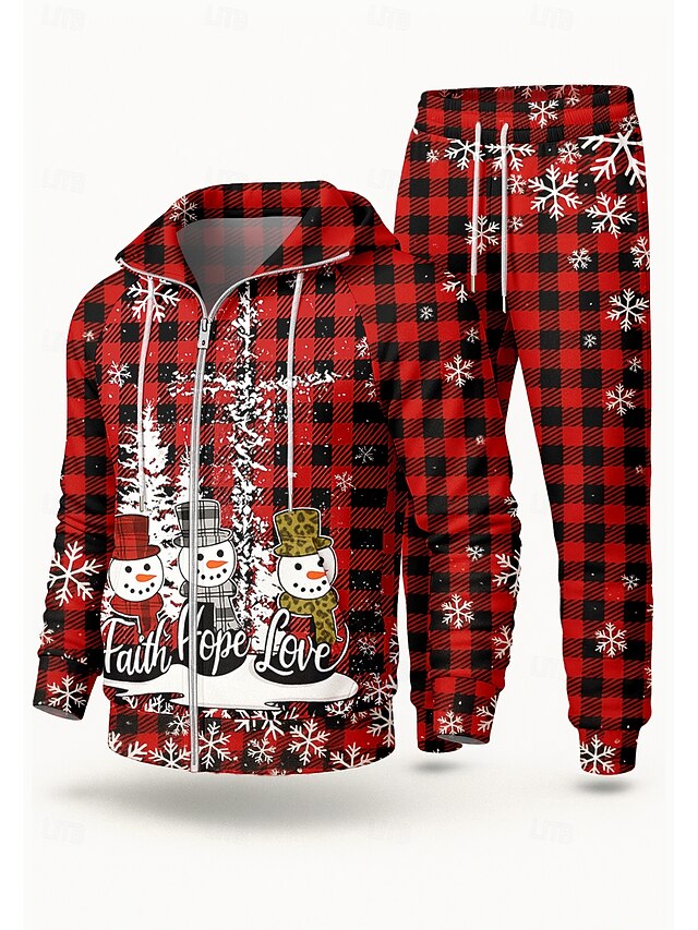 Christmas Men's Hoodie Tracksuit 2 Piece Tracksuit Drawstring Zip Up Plaid Checkered Clothing Suit Fall Red Vocation Outdoor Travel Lightweight Fashion Long Sleeve Sport Activewear Stretchy Regular4