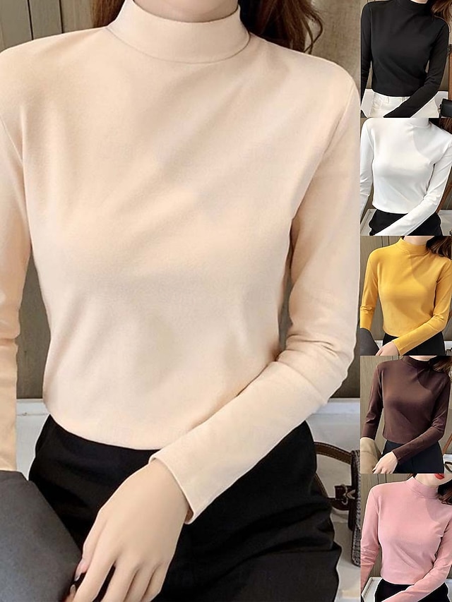 Damskie Bluzka Kwiaty Elegancki Podstawowy Codzienny Długi rękaw Wysoki Zwykłe topy Codzienny Czarny Biały Żółty Rumiany róż Brązowy Jesień Zima