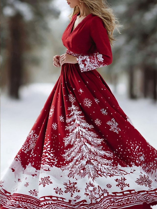  Weihnachten Damen Maxikleid Faltenkleid Party Lässig Boho Täglich Date Ausgehen Normale Passform Weihnachtsbaum Langarm V Ausschnitt Rote Herbst Winter