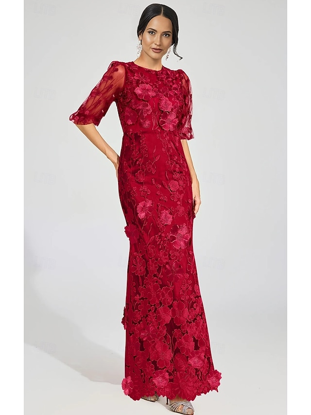  Fourreau / Colonne Longueur au sol Robes de Bal Robe de Soirée Tenue de soirée Élégant ancien Demi Manches Col ras du cou Formel Mariage Dentelle avec Paillettes