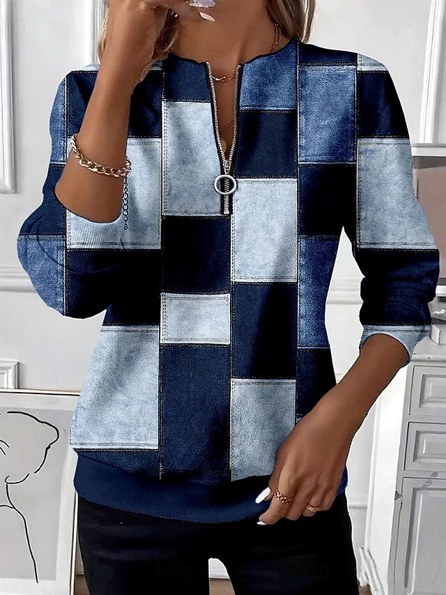 Women's Pullover Sweatshirt Zip Up Sweatshirts Graphic Geometric Color Block Fashion Casual Long Sleeve Crew Neck Regular Tops Street Dailywear Zipper Print Purple Dark Blue Gray Fall Winter4
