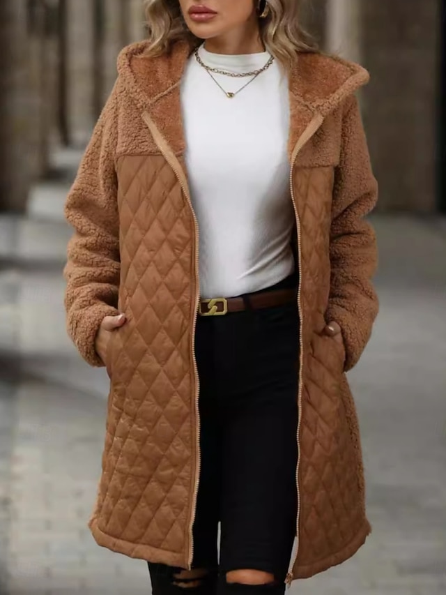  Mulheres Casaco de inverno Casaco com capuz Confortável Respirável Zíper Bolsos Casual Tecido Férias Rua Casual Roupa Diária Zíper Longo Com Capuz Normal Manga Longa agasalhos Preto Camelo Verde Tropa