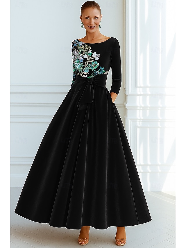  A-Linie Abendkleid Elegant Formelle Kleidung Formell Hochzeit Bodenlang Dreiviertelarm Rundhalsausschnitt Tasche Samt mit Schleife(n) Tasche 2025