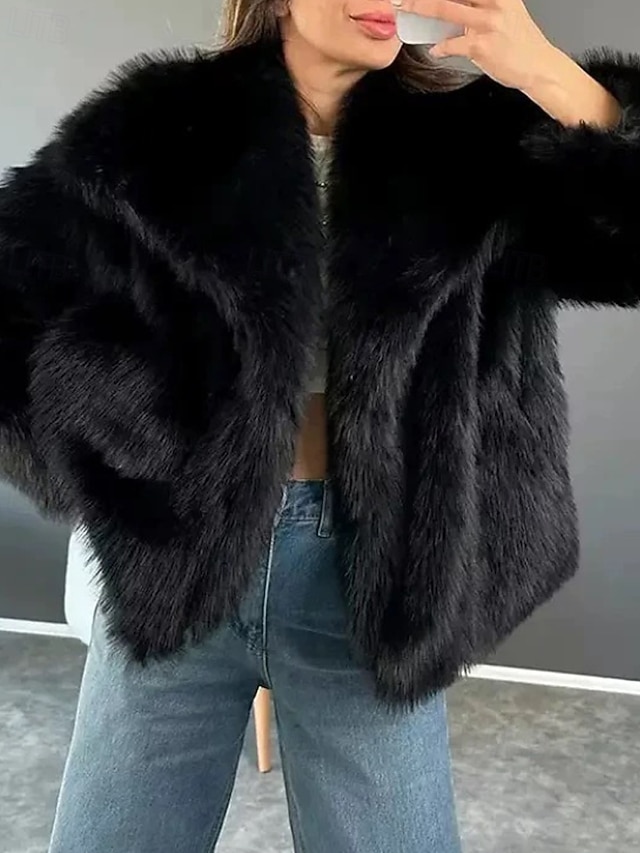  Γυναικεία Παλτό Faux Fur Διατηρείτε Ζεστό Άνετο Κοντοκομμένο Γούνες & Δέρματα Καθημερινό Σκέτο Δρόμος Αργίες Εξόδου Πάρκο Κανονικό Απορρίπτω Κανονικό Μακρυμάνικο Εξωτερικά ενδύματα Μαύρο