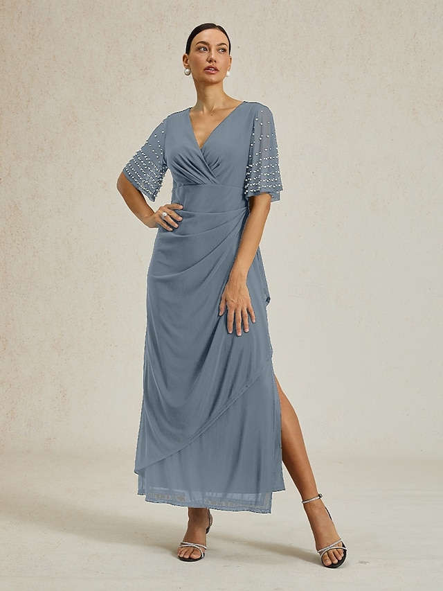  Femmes Robe maxi Robe fourreau Élégant Couleur Unie Manche Courte Col en V Bleu Poudré Été Printemps Automne