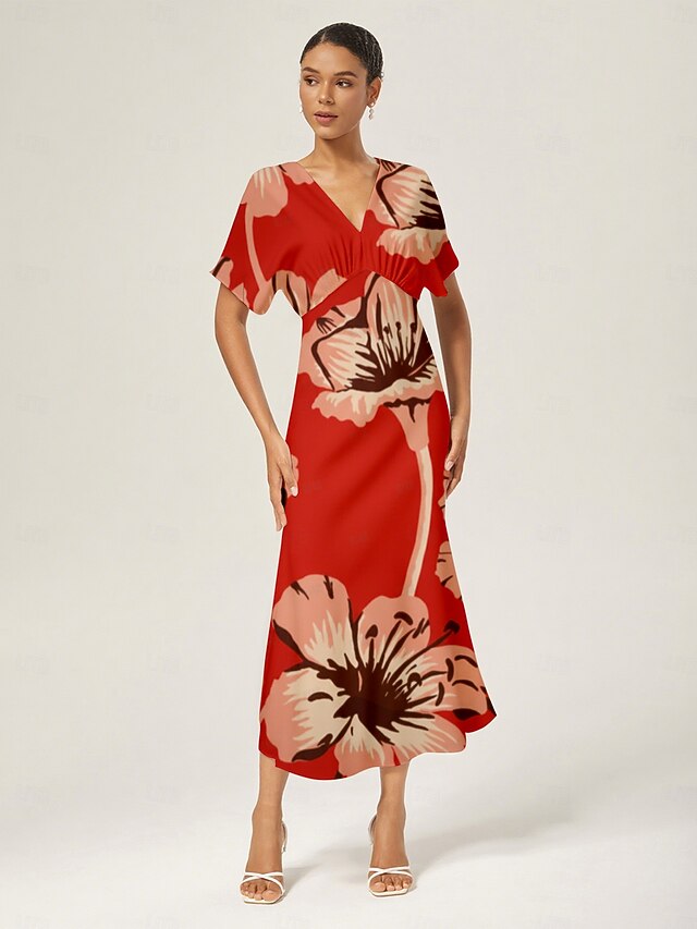 Women's Maxi Dress Satin Large Floral Print V Neck Ruched Waist Mermaid Hem Elegant Wedding Guest Spring Summer Fall4