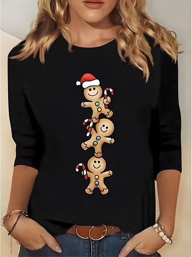 Christmas Women's T Shirt Graphic Santa Claus Reindeer Vintage Fashion Stylish Long Sleeve 3/4 Length Sleeve Crew Neck Regular Tops Daily Weekend Print Black Summer Spring Fall Winter3