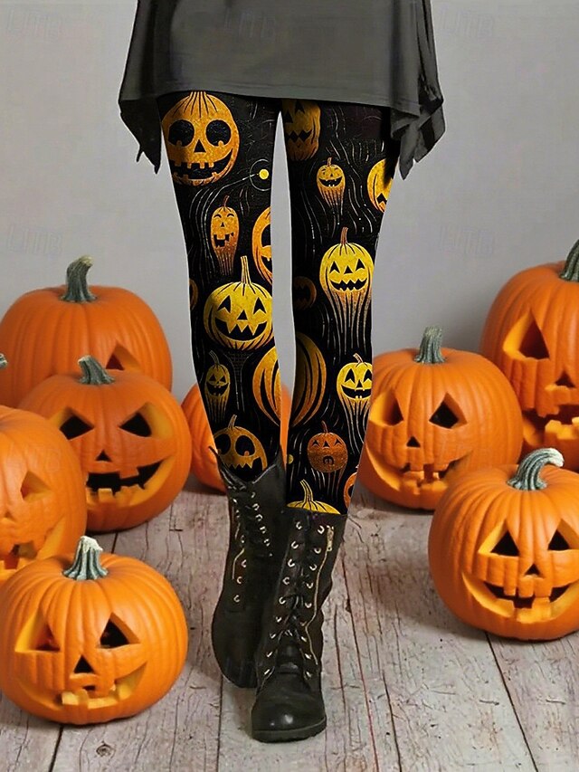 Women's Leggings Cozy Leggings Vacation Fashion Casual Full Length High WaistPantsHalloween Pumpkin Printing Thermal Warm Comfortable Stretchy Vacation Casual Daily Black Fall Winter Slim Fit4
