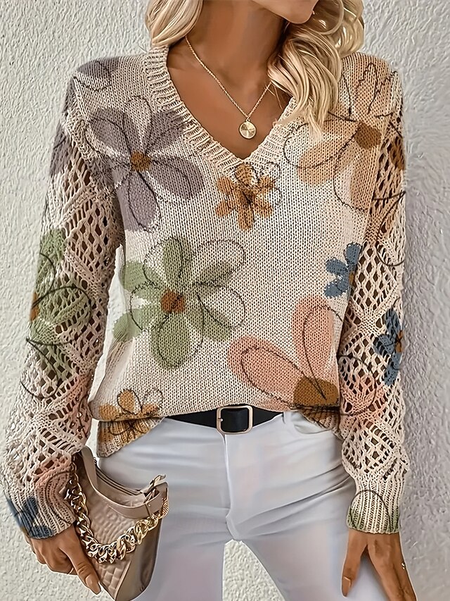 Women's Sweater Fashion Basic Casual Floral Ribbed V Neck Knitted Long Sleeve Regular Tops Knit Outdoor Daily Weekend Green Spring Fall4