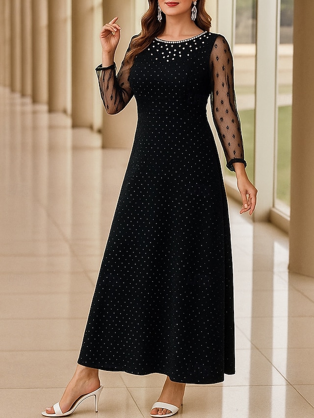  A-Linie Brautmutterkleid Übergröße Glanz & Glamour Rundhalsausschnitt Knöchellänge Chiffon Polyester Langarm mit Perlen