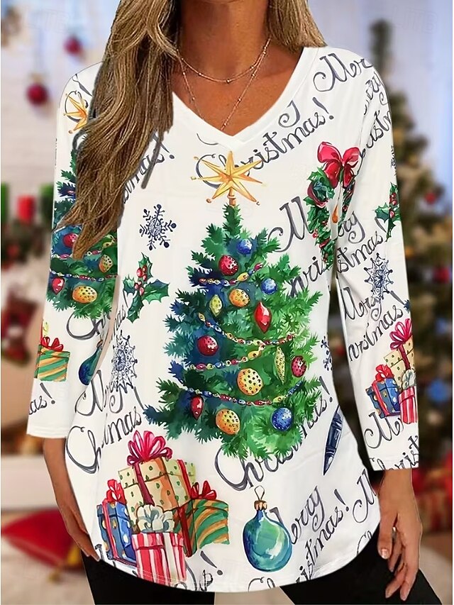 Christmas Women's T Shirt Graphic Christmas Tree Vintage Stylish Casual Long Sleeve V Neck Regular Tops Daily Print White Spring Fall Winter4