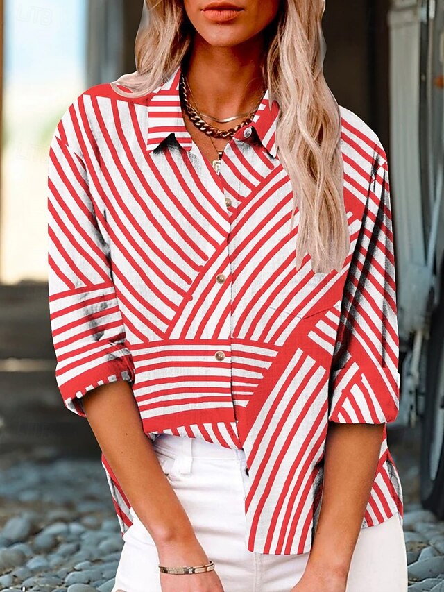 Women's Shirt Striped Active Daily Stylish Long Sleeve Shirt Collar Regular Tops Daily Holiday Buttons Print Red Summer Spring Fall4