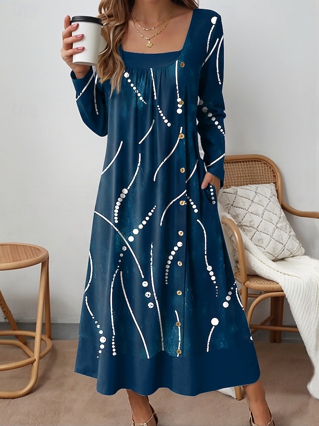  Pentru femei Rochii Midi Rochie de schimb Casual Zilnic Potrivire Largă Grafic Abstract Manșon Lung Pătrat Roșu-aprins Albastru piscină Mov Trifoi Primăvară Toamnă Iarnă