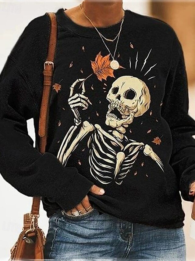 Women's Pullover Sweatshirt Graphic Skull Halloween Active Fashion Streetwear Long Sleeve Crew Neck Round Neck Regular Tops Street Dailywear Casual Print Black Fall Winter4