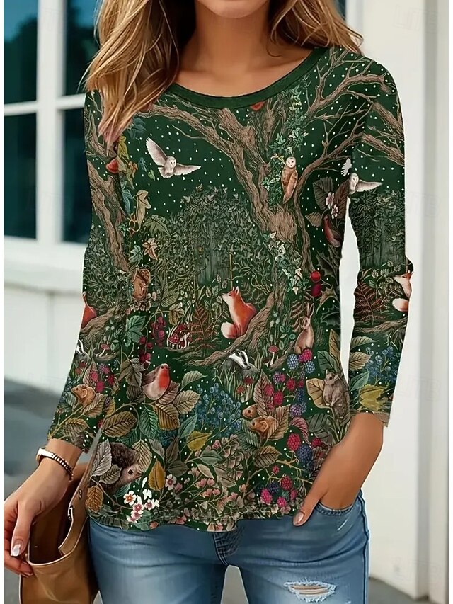 Women's T Shirt Floral Graphic Plants Vintage Stylish Classic Long Sleeve Crew Neck Round Neck Regular Tops Daily Print Green Spring Fall Winter2