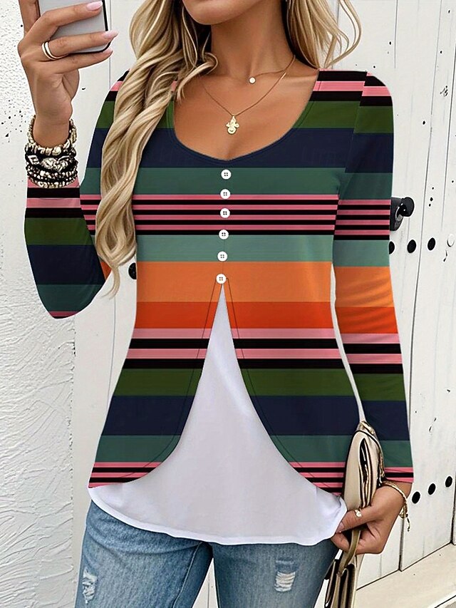 Women's T Shirt Graphic Striped Vintage Fashion Stylish Long Sleeve Crew Neck Regular Tops Daily Buttons Print Tiered Army Green Spring Fall Winter4