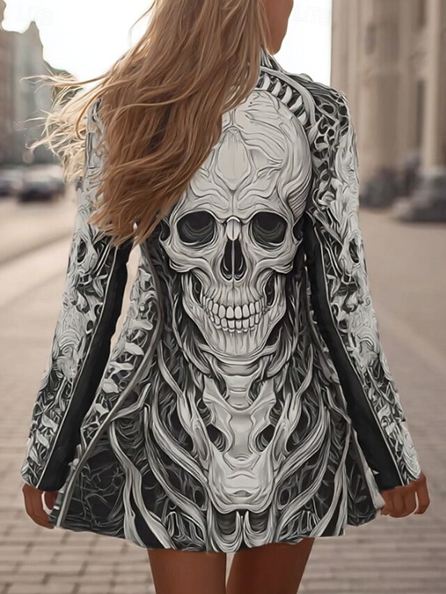 Halloween Women's Coat Lightweight Comfortable Skulls Print Vintage Artistic Casual Skull Casual Short Collarless Regular Fit Long Sleeve Outerwear Black Light Grey Dark Grey Spring Fall4
