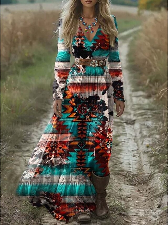 Women's Maxi Dress A Line Dress Pleated Dress Fit And Flare Dress Boho Date Going out Regular Fit Floral Graphic Animal Long Sleeve V Neck Blue Orange Brown Spring Fall Winter Autumn4