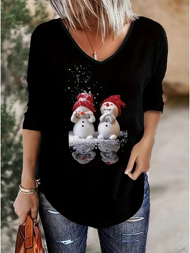 Christmas Women's T Shirt Graphic Snowman Vintage Stylish Classic Long Sleeve V Neck Regular Tops Daily Print Black Red Spring Fall Winter4