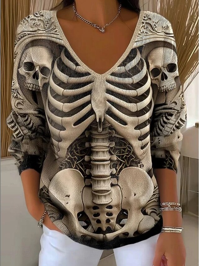 Halloween Women's Sweater Skeleton  Vintage Streetwear Cool Graphic Skeleton V Neck Print Long Sleeve Regular Tops KnitBlack Orange Fall Winter2