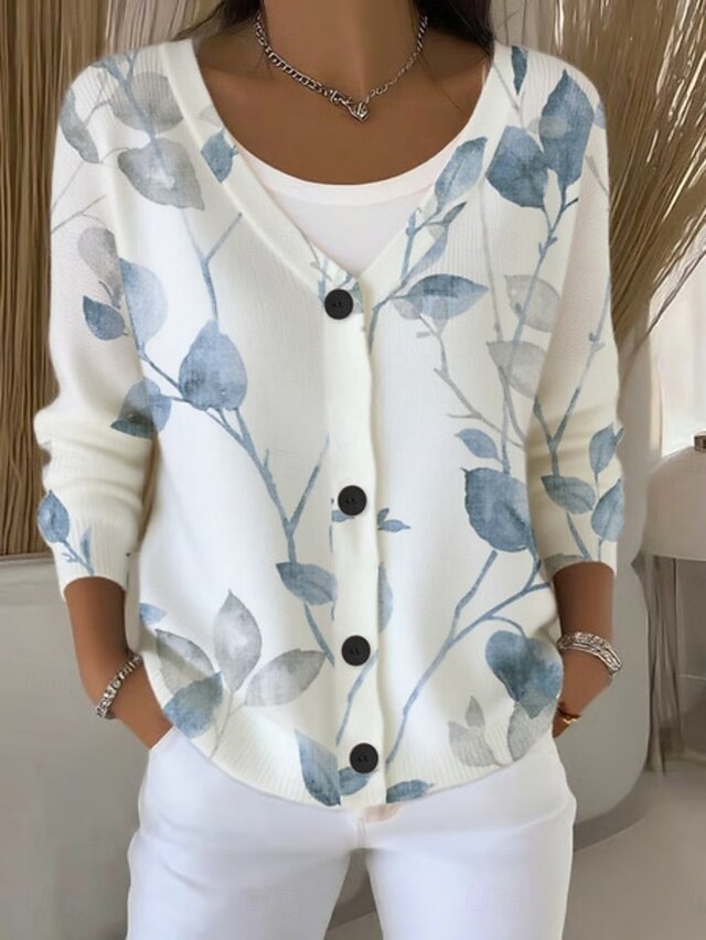 Women's Sweater Cardigan Elegant Fashion Streetwear Floral Striped V Neck Pocket Knitted Print Long Sleeve Regular Tops Knit Outdoor Daily Weekend White Pink Spring Fall4