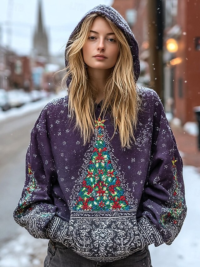 Women's Pullover Hoodie Sweatshirt Graphic Christmas Tree Christmas Casual Long Sleeve Hooded Regular Tops Party Evening Wear Street Dailywear Purple Spring Fall Winter2