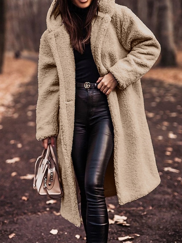  Dames Winterjas Fleecejack Houd Warm Comfortabel Zak Knop Modieus Casual Effen Vakantie Straat Casual Alledaagse kleding Enkele rij knopen Lang Capuchon Normale pasvorm Lange mouw bovenkleding