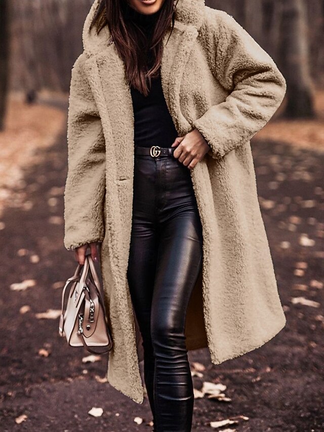 Women's Winter Coat Fleece Jacket Warm Comfortable Pocket Buttons Fashion Casual Plain Vacation Street Casual Daily Wear Single Breasted Long Hooded Regular Fit Long Sleeve Outerwear Apricot Fall4