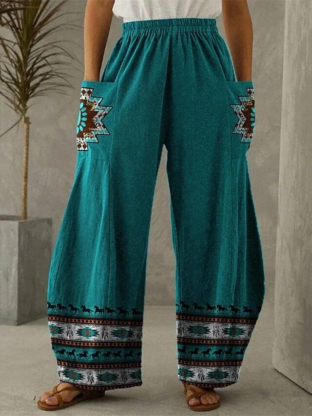 Women's Wide Leg Pants Trousers Vacation Vintage Ethnic Style Full Length High Waist Graphic Pocket Elastic Waistband Print Comfy Breathability Inelastic Vacation Casual Daily Peacock Blue Summer4