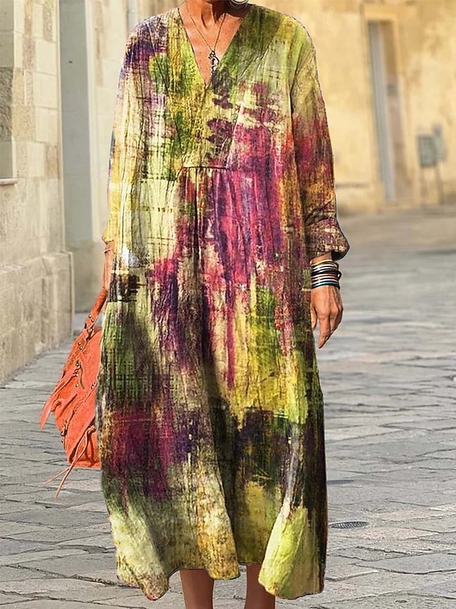  Damen Midikleid Sommerkleid A Linie Kleid Urlaub Lässig Boho Ausgehen Strand Lässiger Schnitt Grafik Geometrisch Langarm V Ausschnitt Rosa Blau Purpur Grün Frühling Herbst Winter