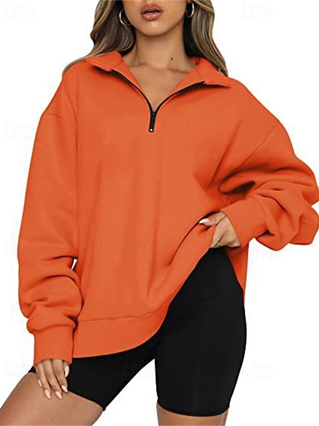 Women's Pullover Sweatshirts Zip Up Sweatshirts Plain Sports Fashion Casual Long Sleeve High Neck Regular Tops Street Dailywear Going out Half Zipper Quarter Zipper Zipper Orange Fall Winter4