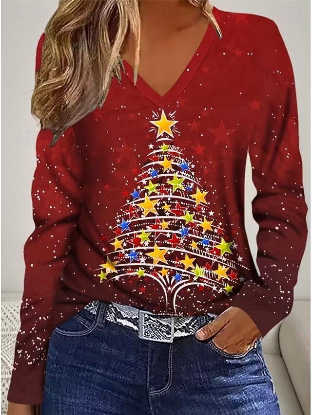 Christmas Women's T Shirt Graphic Christmas Tree Vintage Stylish Classic Long Sleeve V Neck Regular Tops Daily Print Red Spring Fall Winter4
