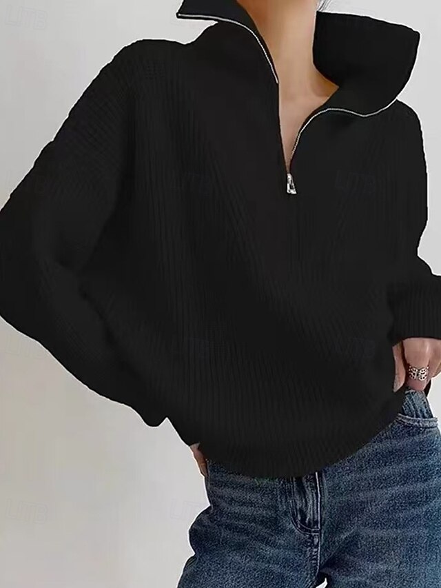 Women's Sweater Fashion Streetwear Casual Solid Color Ribbed Half Zip Knitted Long Sleeve Regular Tops Knit Outdoor Daily Weekend Black Fall Winter4