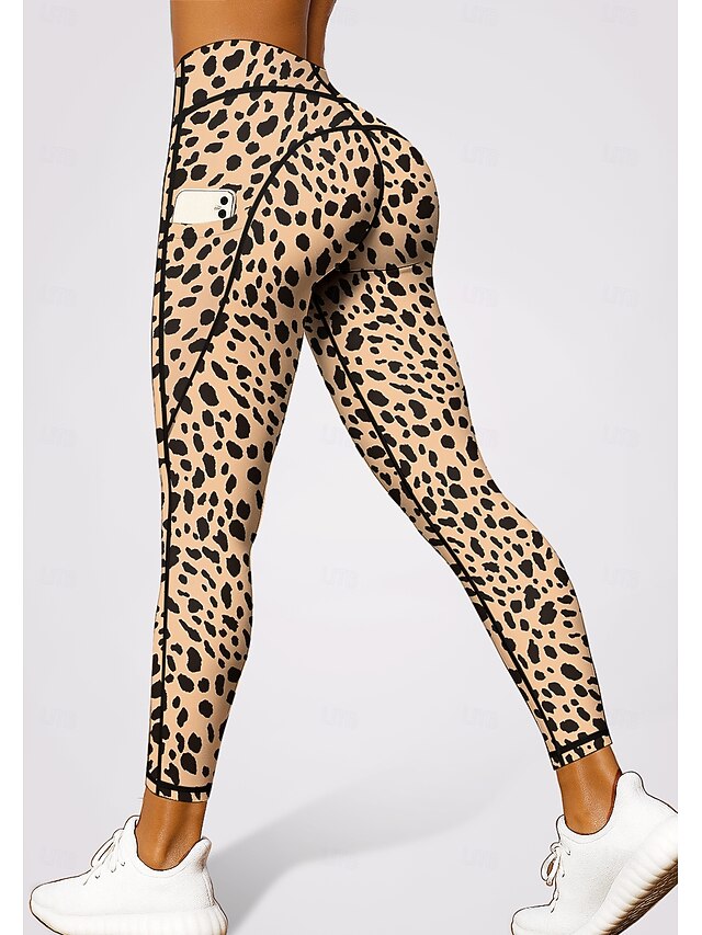 Women's pilates leggings fitness pants Gym Leggings Pockets Stamp Duty Side Pockets Pilates Gym Gym Workout Pants Tights Leggings Leopard Print Brown Sports Activewear Stretchy Tight Fit4