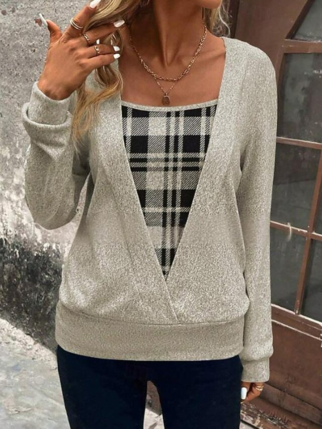 Women's Shirt Blouse Plaid Stylish Basic Casual Long Sleeve Square Neck Regular Tops Daily Holiday Print Khaki Spring Fall Winter4