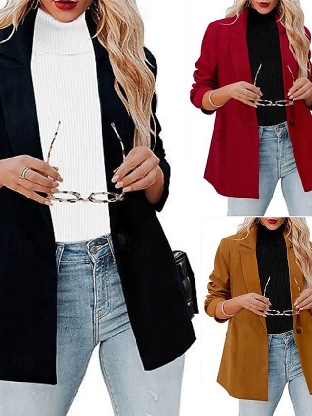  Femmes Blazer Confortable Boutons Élégant Mode Extérieur Uni Sortir Décontracté Quotidien Week-end Cardigan Régulier Revers Coupe régulière manche longue Vêtements d'extérieur Noir Rouge Marron