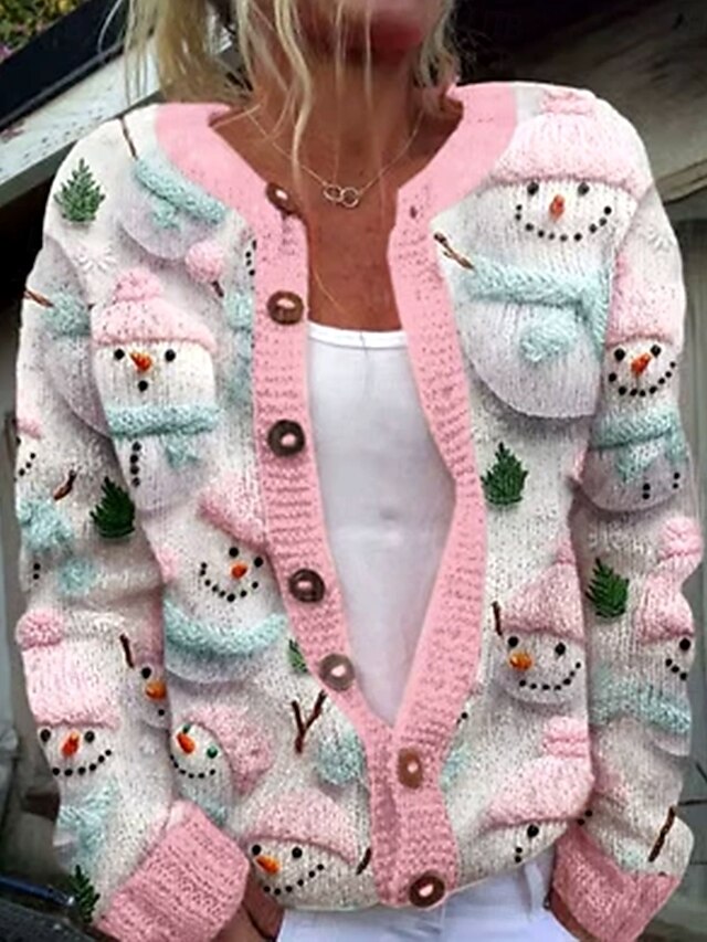 Women's Cardigan Daily Christmas Tree Snowman Ribbed Crew Neck V Neck Buttons Print Long Sleeve Regular Tops Knit Outdoor Weekend Pink Green Fall Winter3