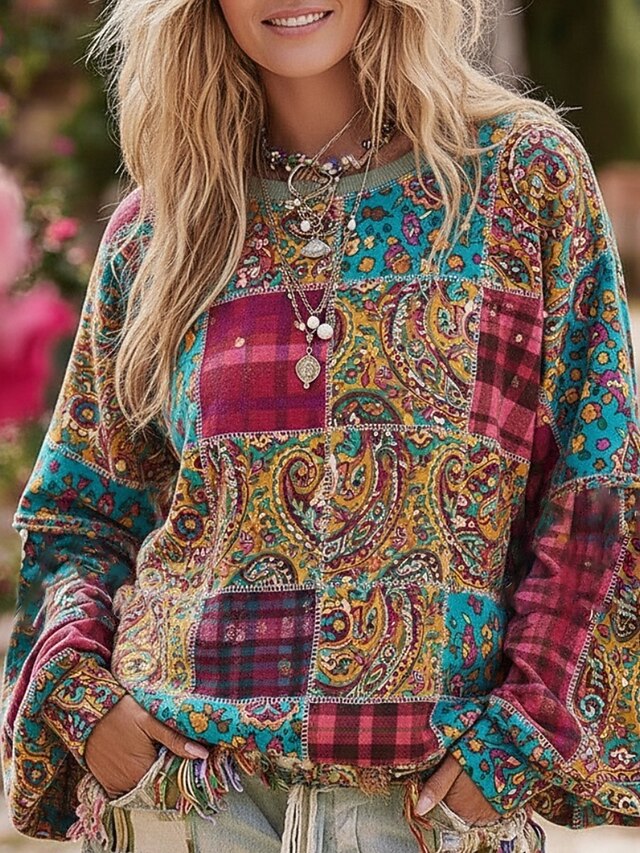 Women's Pullover Hoodies Floral Paisley Plaid Vintage Streetwear Boho Long Sleeve Crew Neck Hooded Regular Tops Dailywear Casual Drawstring Print Blue Spring Fall4