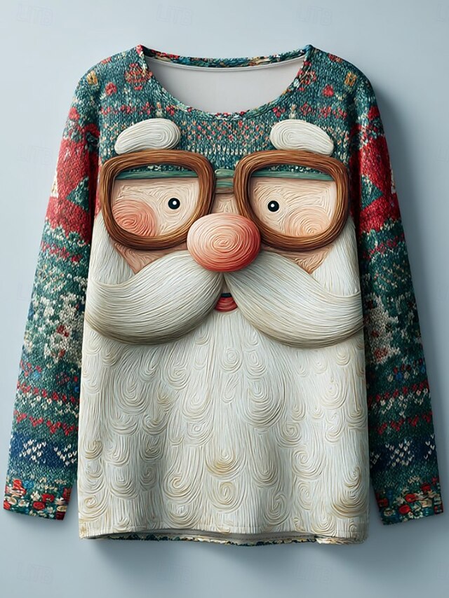 Christmas Women's T Shirt Santa Claus Snowflake Vintage Stylish Classic Long Sleeve Crew Neck Round Neck Regular Tops Weekend Print Red Blue Green Winter4