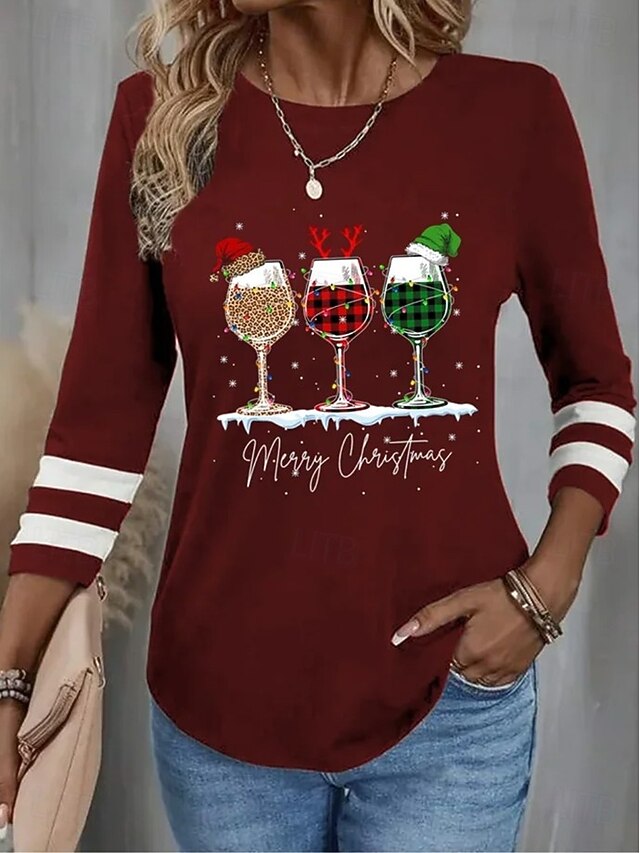 Christmas Women's T Shirt Graphic Christmas Wine Glass Vintage Stylish Classic Long Sleeve Crew Neck Regular Tops Daily Weekend Print Wine Spring Fall Winter3