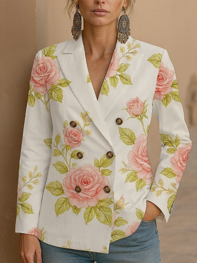 Women's Blazer Windproof Comfortable Buttons Elegant Vintage Fashion Cute Floral Casual Regular Notch Lapel Regular Fit Long Sleeve Outerwear White Pink Purple Spring Fall4