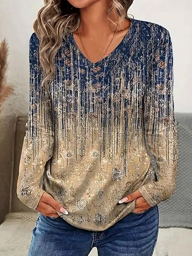 Women's T Shirt Ombre Graphic Abstract Vintage Stylish Classic Long Sleeve V Neck Regular Tops Daily Print Khaki Spring Fall Winter4